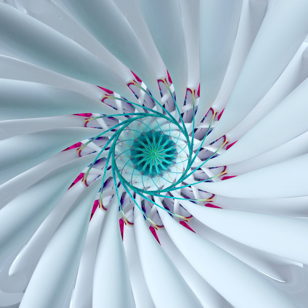 三维渲染的抽象艺术三维背景与部分超现实对称异形分形花或涡轮喷气发动机基于曲线螺旋白色陶瓷叶片与金属银色部分绘制在蓝色和紫色梯度颜色图片下载