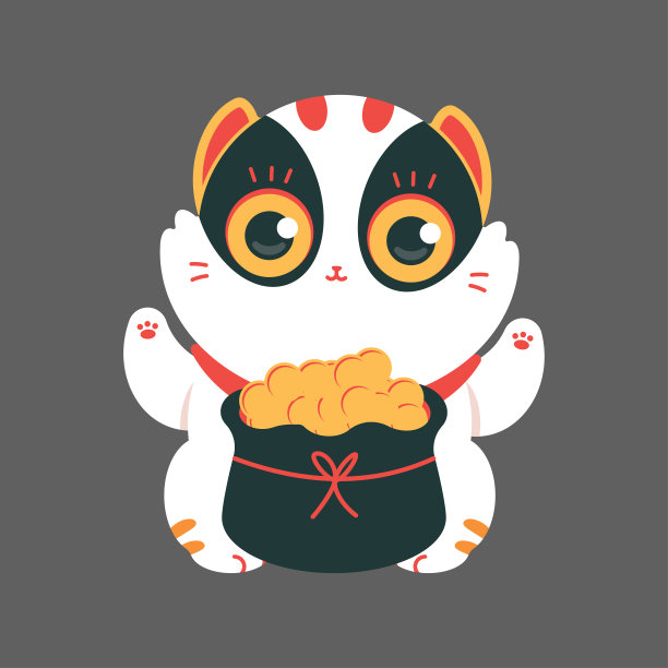 可爱的日本幸运猫与金袋矢量卡通插图孤立的背景。图片下载