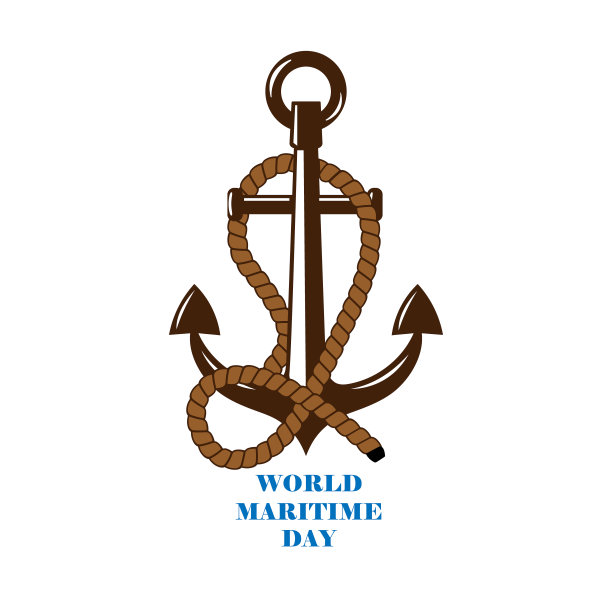 矢量插图献给世界海洋日。船用锚和缆绳。白色背景。横幅、海报、招牌等。用于各种设计目的。图片下载