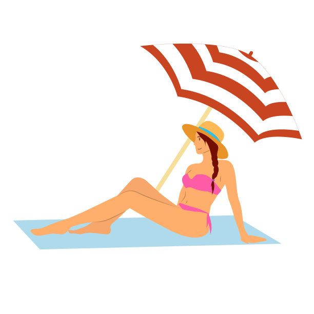 一个穿着泳衣的女人坐在一把伞下。这个女人正在晒黑皮肤。穿泳装的女人图片下载