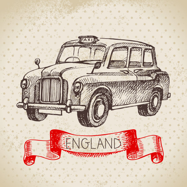手绘素描英国老式出租车图片下载