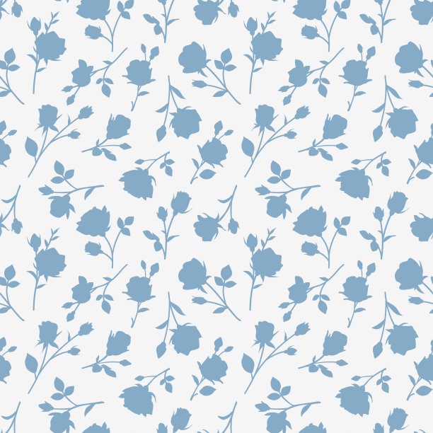 无缝图案与抽象花园玫瑰，茎，芽和叶剪影。灰色背景与蓝色盛开的花。复古碎花墙纸。图片下载