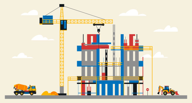 施工现场说明。建筑在建造中。现场重型机械工作，混凝土搅拌机和挖掘机，大型起重机，未完工的建筑。矢量插图，平面设计图片下载