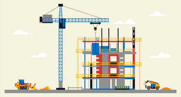 施工现场说明。建筑在建造中。现场有重型机械工作，推土机和遥控车，大型起重机，未完工的建筑。矢量插图，平面设计图片下载