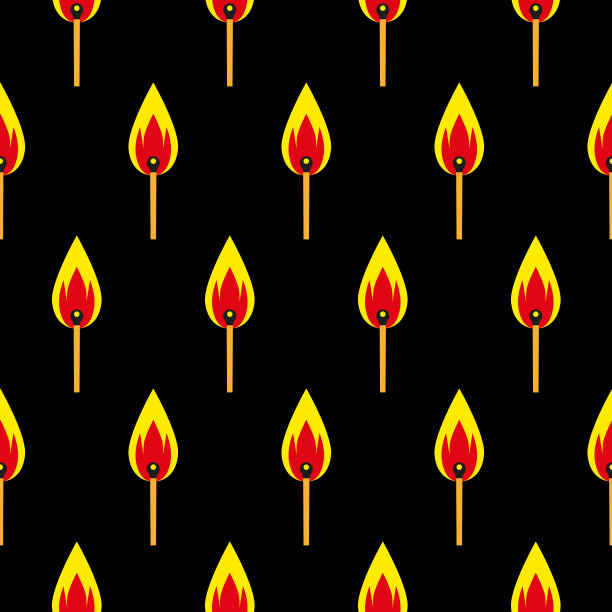 无缝模式燃烧火柴在黑色背景。平面彩色矢量插图，孤立。卡通时尚插图。非常适合印刷在织物上，卡片，横幅，危险标志。图片下载