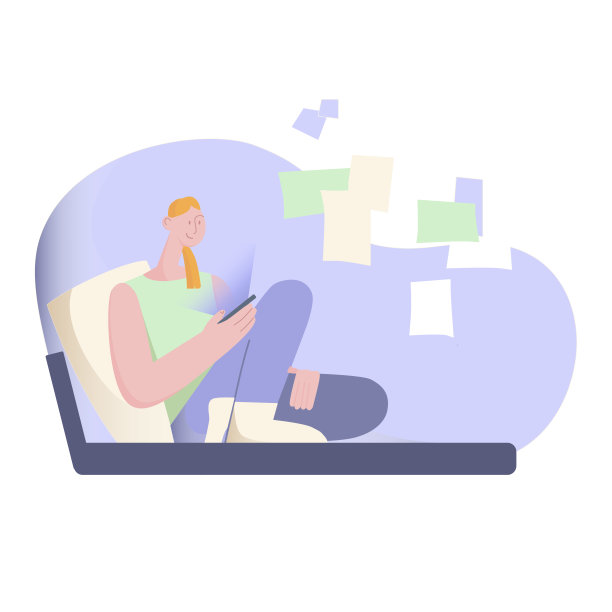 一个小女孩躺在蓝色的床上，靠在枕头上看手机。紫色的颜色。矢量平面插图图片下载