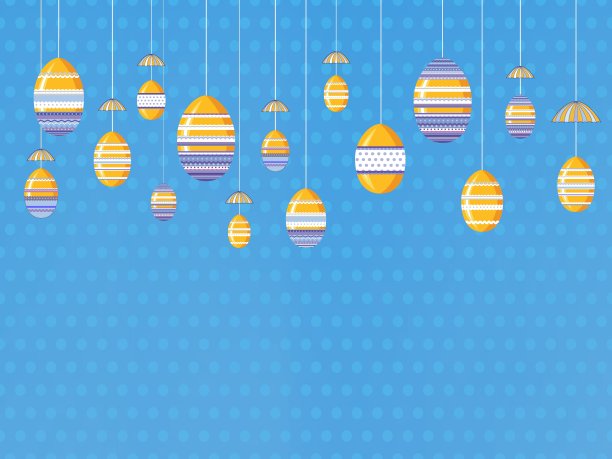 复活节蓝色背景与杂色装饰蛋。矢量图图片下载