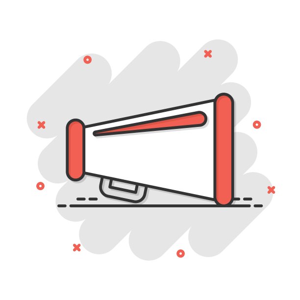 漫画风格的扩音器图标。扩音器音频公告矢量卡通插图象形图。扩音器播音经营理念飞溅效应。图片下载