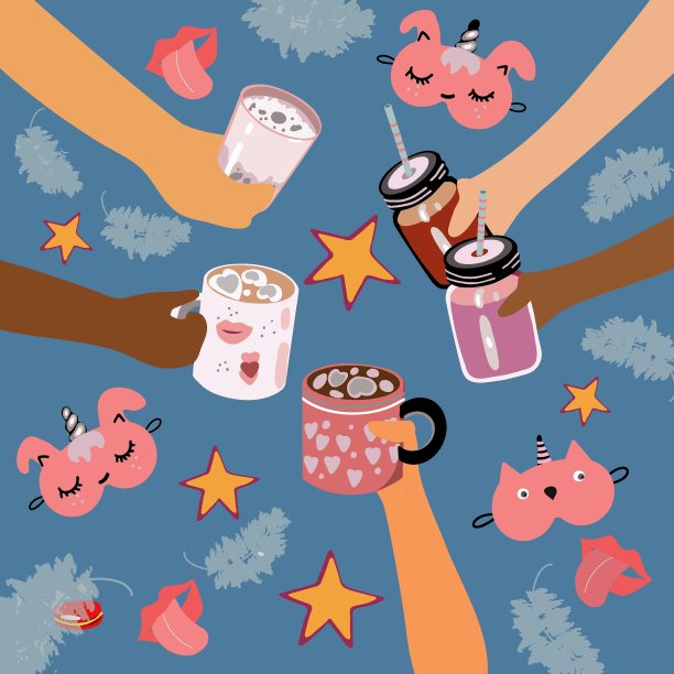 这是一幅睡衣派对的插图，五只手拿着杯子、鸡尾酒、可可、棉花糖，五个女孩，蓝色背景，羽毛，独角兽形状的睡眠面具。图片下载