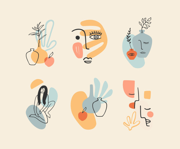 当代作品集。线的艺术。现代矢量设计的标志，品牌，t恤，海报，卡片和更多图片下载