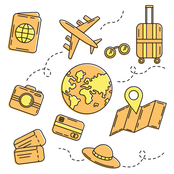 旅游线路图标设置。护照，飞机，地球，地图，机票，帽子，行李，眼镜，相机，信用卡。矢量插图上的白色背景。图片下载