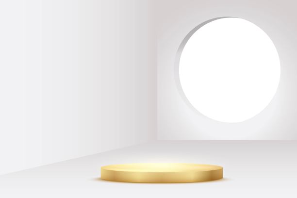 圆形金色讲台和圆形窗景背景。产品展示矢量插图平台。抽象的室内展示设计。图片下载