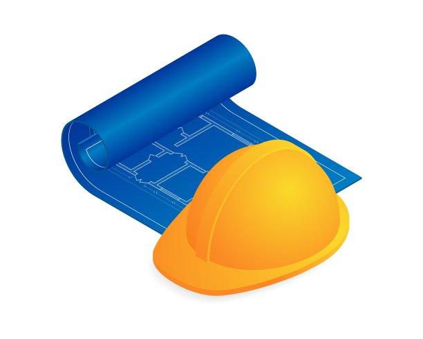 等距矢量图设计图，房子和黄色的工人帽隔离在白色的背景。逼真的公寓平面图蓝图和安全帽图标在平面卡通风格。图片下载