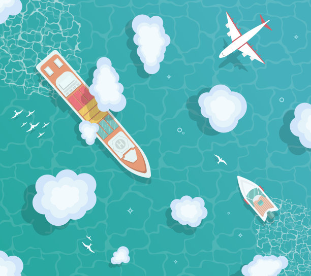 海洋的顶视图。集装箱船，货船，游艇，在海洋中央的小船。图片下载