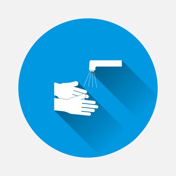 在蓝色背景下的水龙头图标下的洗手矢量图标。平面图像与长阴影。图片下载