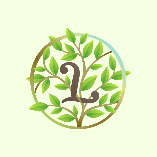 用扭曲的树枝和绿色叶子做成的L字母标志。图片下载