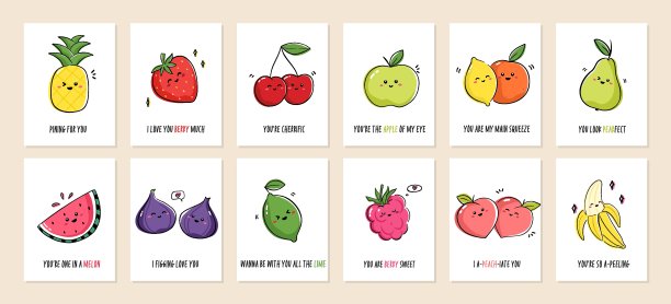 一套贺卡双关语水果可爱的水果和有趣的短语。收集卡哇伊水果和双关语明信片。向量的卡通插图图片下载