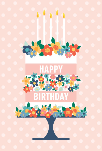 可爱的生日蛋糕，点缀着五颜六色的花朵图片下载