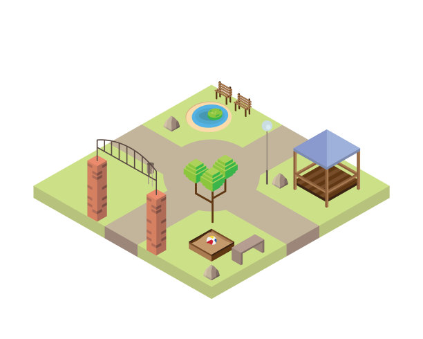 公园亭和湖景等距造型图标图片下载
