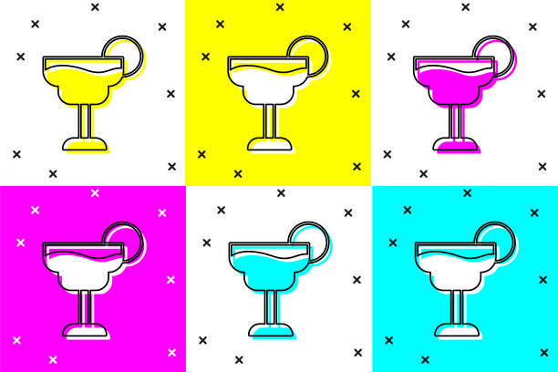 将鸡尾酒和酒精饮料图标隔离在颜色背景上。向量图片下载