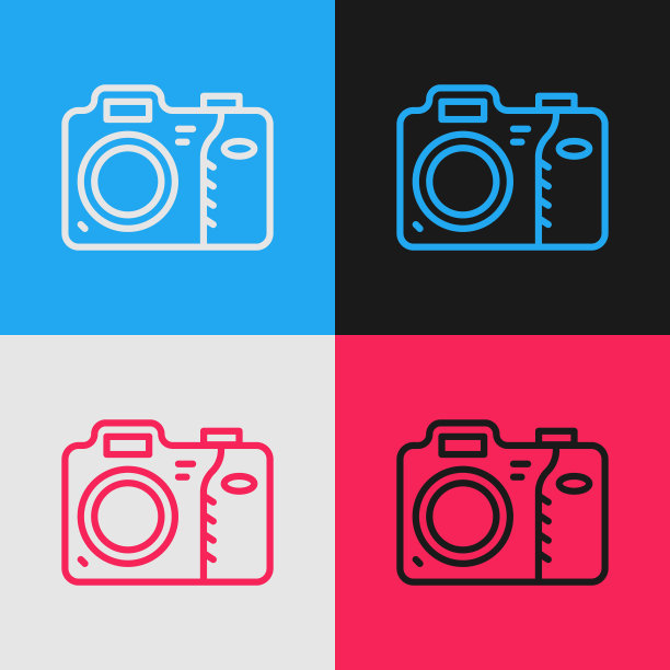 流行艺术线照片相机图标孤立的彩色背景。与相机图标。向量图片下载