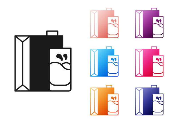 黑色纸包牛奶和玻璃图标隔离在白色背景。奶包的迹象。设置图标丰富多彩。向量图片下载