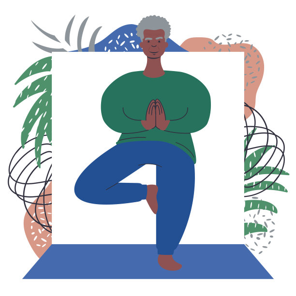 练习瑜伽。年长非洲男子在一个宽松的服装运动服站在树的姿势前一个抽象的背景。平面卡通风格插图。图片下载