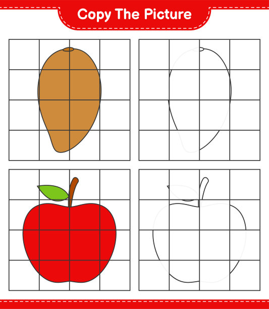 复制图片，使用网格线复制水果的图片。教育儿童游戏，可打印的工作表，矢量插图图片下载
