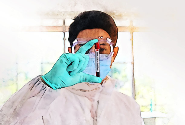 抽象的七彩青年科学家们在实验室里对水彩插画背景进行测试和检查。图片下载