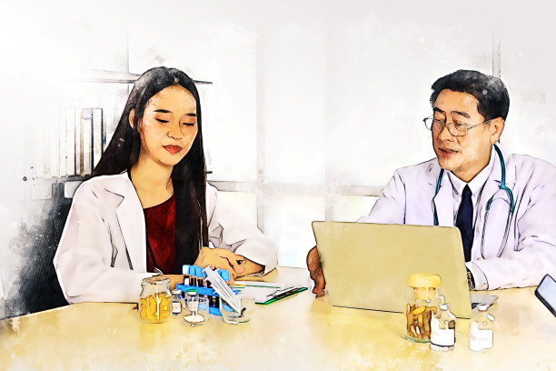 摘要彩色幸福团队医生在医院的水彩插画画背景。图片下载