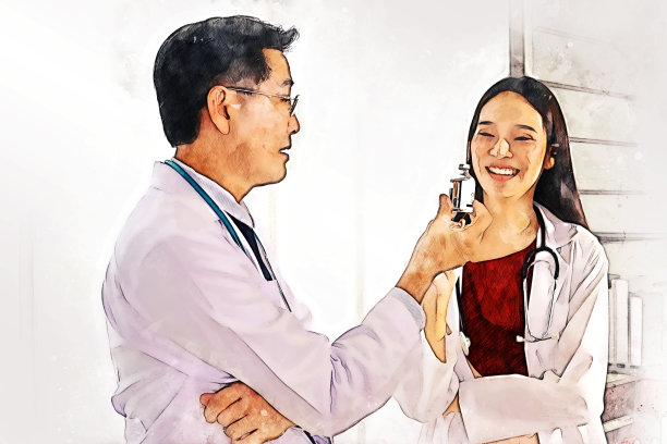 摘要彩色幸福团队医生在医院的水彩插画画背景。图片下载