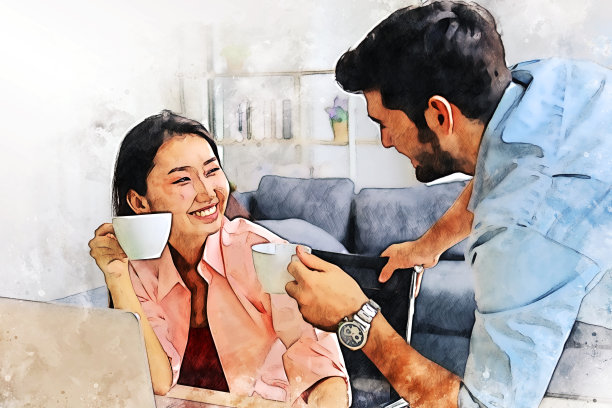 抽象幸福的年轻夫妇放松和工作在家水彩插画的背景。图片下载