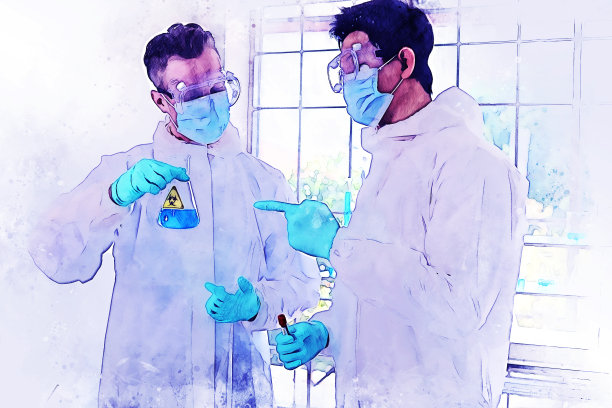 抽象的七彩青年科学家们在实验室里对水彩插画背景进行测试和检查。图片下载