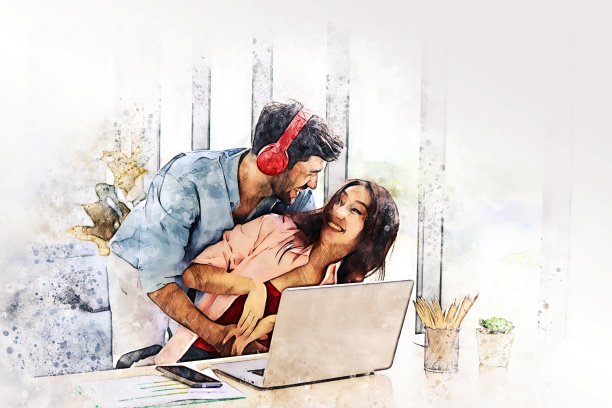 抽象幸福的年轻夫妇放松和工作在家水彩插画的背景。图片下载