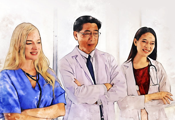 摘要彩色幸福团队医生在医院的水彩插画画背景。图片下载