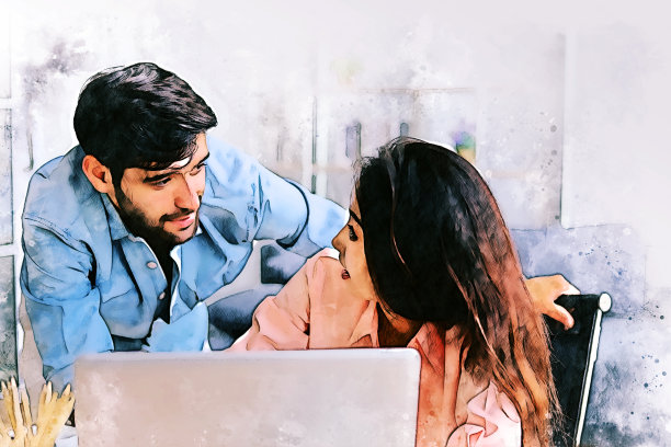 抽象幸福的年轻夫妇放松和工作在家水彩插画的背景。图片下载