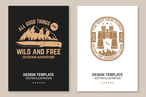 最好的风景是在最艰难的攀登之后。一切美好的事物都是狂野而自由的。矢量传单，宣传册，横幅，海报设计与刀，双筒望远镜，山，秃鹰，天空，森林剪影图片下载