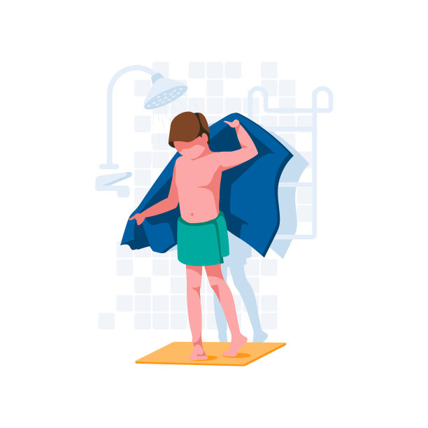 男孩洗澡后用毛巾擦身图片下载