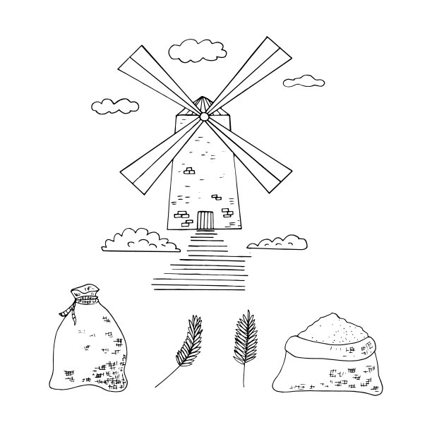 磨粉，袋装面粉，小穗定形。手绘涂鸦风格。矢量，极简主义，单色，素描。标签,面包。图片下载