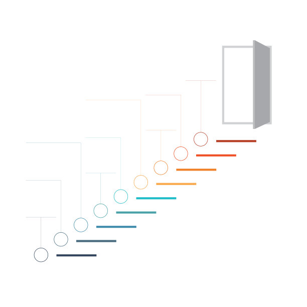 成功的阶梯，通向一扇敞开的门。信息图中成功的战略概念。通用光栅模板的信息图9个位置图片下载