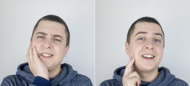 之前和之后。左边的男人表示牙齿疼痛，右边的男人表示牙齿不再疼痛。牙痛。疼痛管理和专业医疗援助概念。图片下载