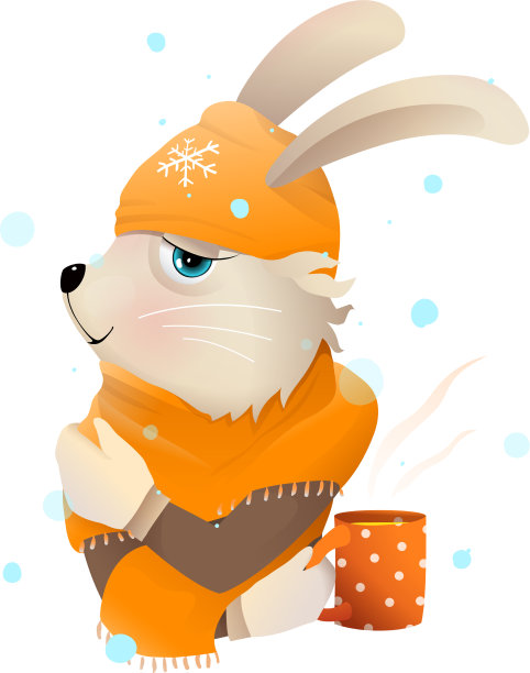 兔子或小兔子戴着帽子和围巾喝茶图片下载
