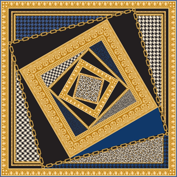 印花手帕上黑色和深蓝色鸡爪派-de-poule图案背景，金线，雕刻框架，希腊叶饰带。围巾，围巾，地毯，地毯，垫子图片下载