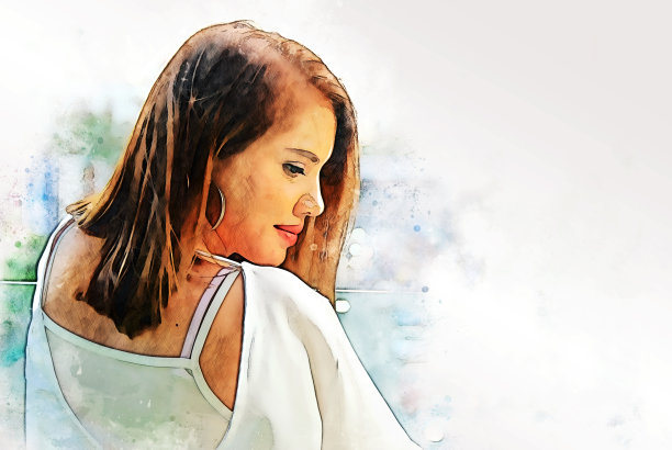 抽象色彩丰富的幸福年轻女子的微笑肖像和行走在城市旅游的水彩插画画的背景。图片下载