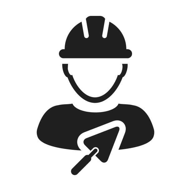 承包商图标与泥铲向量男性建筑工人人的侧面头像与安全帽在一个字形象形图图片下载