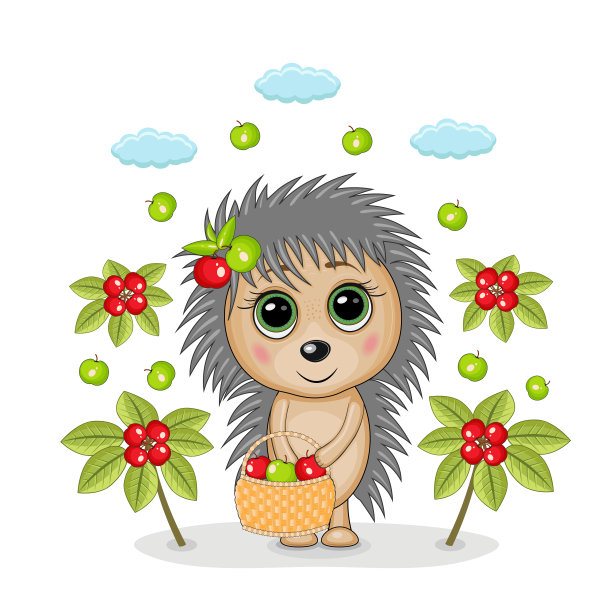 矢量插图的精灵刺猬与篮子和苹果在一个白色的背景。图片下载