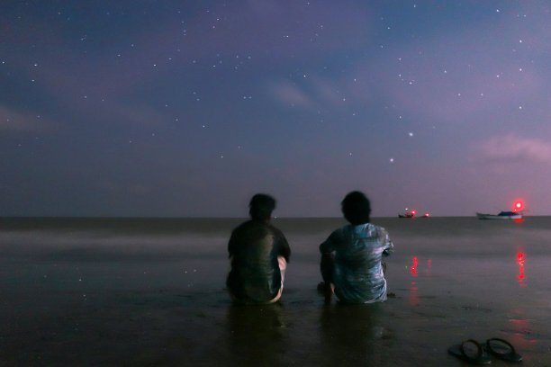 两个朋友晚上在Kuakata海滩。图片下载