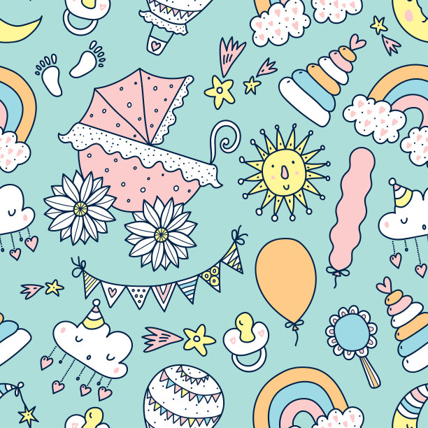 儿童的线性无缝模式与婴儿车和儿童玩具。图片下载