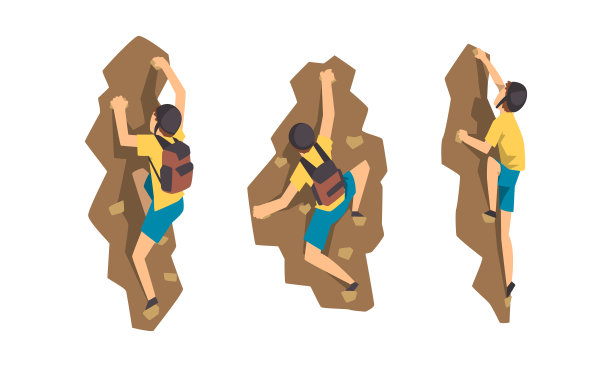 男性登山者爬山设置，登山者在保护头盔与背包到达高峰矢量插图图片下载