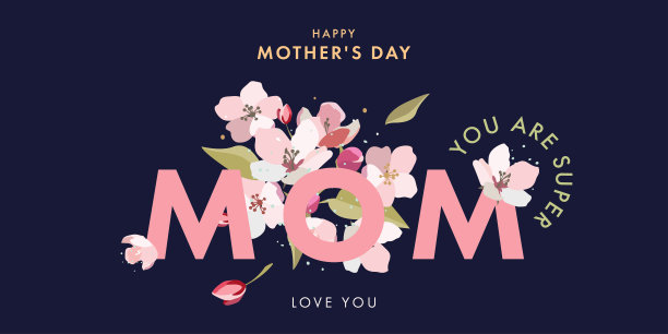 母亲节贺卡与春天的花朵在柔和的颜色和时尚的印刷在深蓝色。现代母亲节设计问候横幅，时尚广告，海报，促销图片下载